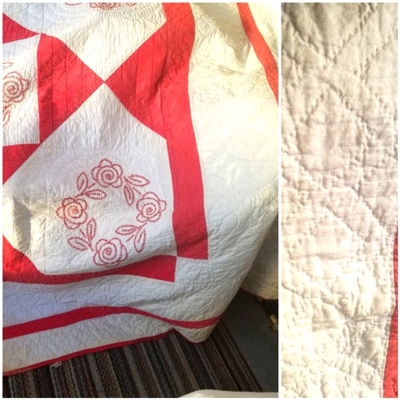 8 x 10 vtg QUILT entirely hand stitched ROSE WREATH cross stitch - Picture 2 of 5